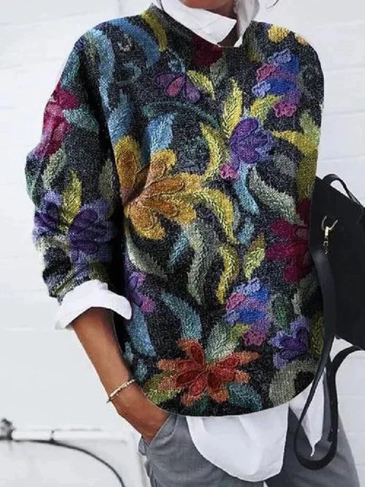 "Women's floral geometric sweater, vibrant retro casual style, long sleeves, colorful floral patterns, cozy polyester fabric.