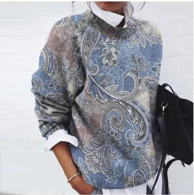 "Women's floral geometric sweater, vibrant retro casual style, long sleeves, colorful floral patterns, cozy polyester fabric.
