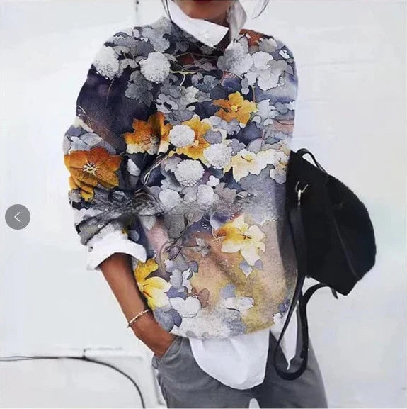 "Women's floral geometric sweater, vibrant retro casual style, long sleeves, colorful floral patterns, cozy polyester fabric.