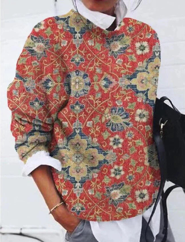 "Women's floral geometric sweater, vibrant retro casual style, long sleeves, colorful floral patterns, cozy polyester fabric.