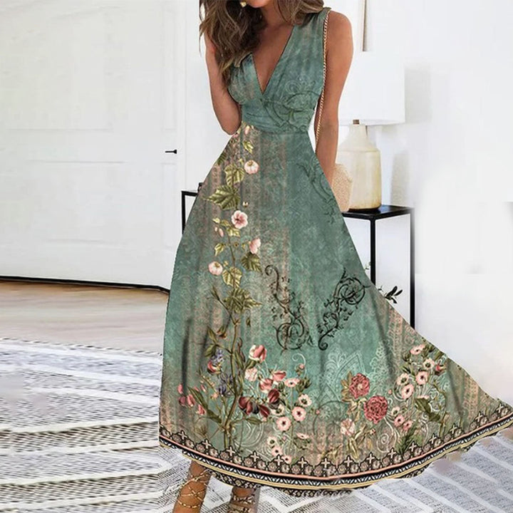 "Women's Floral Maxi Dress, V-neck, sleeveless, vibrant floral print, summer style, breathable fabric, elegant design."