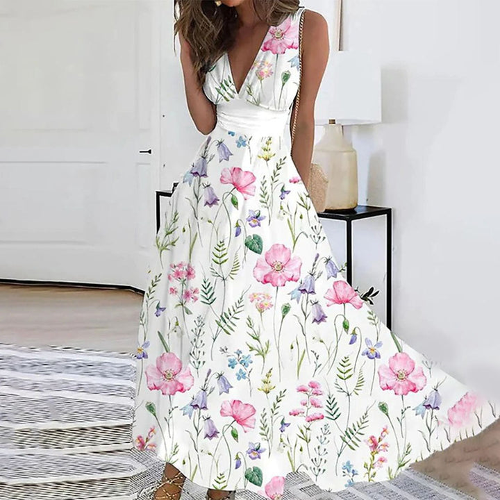 "Women's Floral Maxi Dress, V-neck, sleeveless, vibrant floral print, summer style, breathable fabric, elegant design."