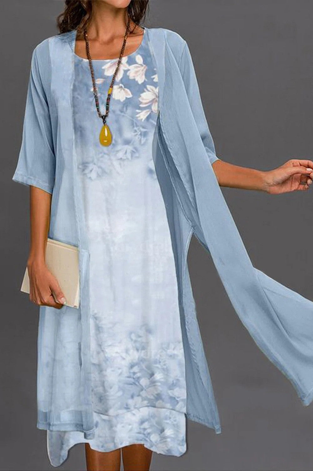 Women's floral midi dress with sheer sleeves, relaxed fit; lightweight chiffon, elegant print, half sleeves, garden party wea