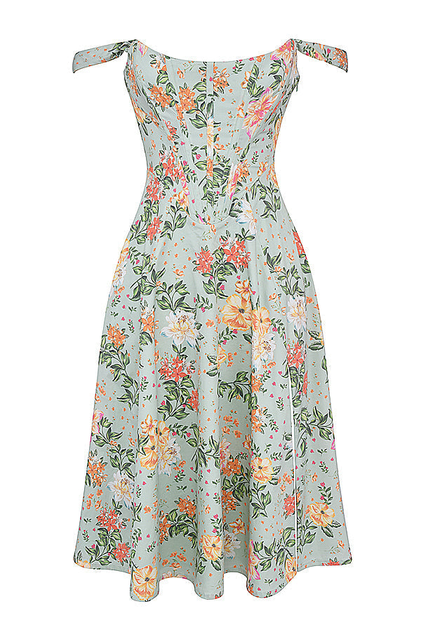 "Women's floral print midi dress, flowy and elegant Bridget sundress in vibrant colors, perfect for casual gatherings."