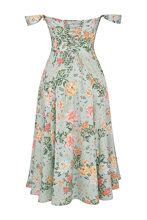 "Women's floral print midi dress, flowy and elegant Bridget sundress in vibrant colors, perfect for casual gatherings."