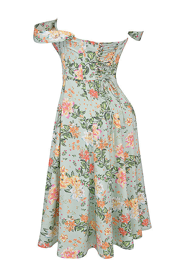 "Women's floral print midi dress, flowy and elegant Bridget sundress in vibrant colors, perfect for casual gatherings."