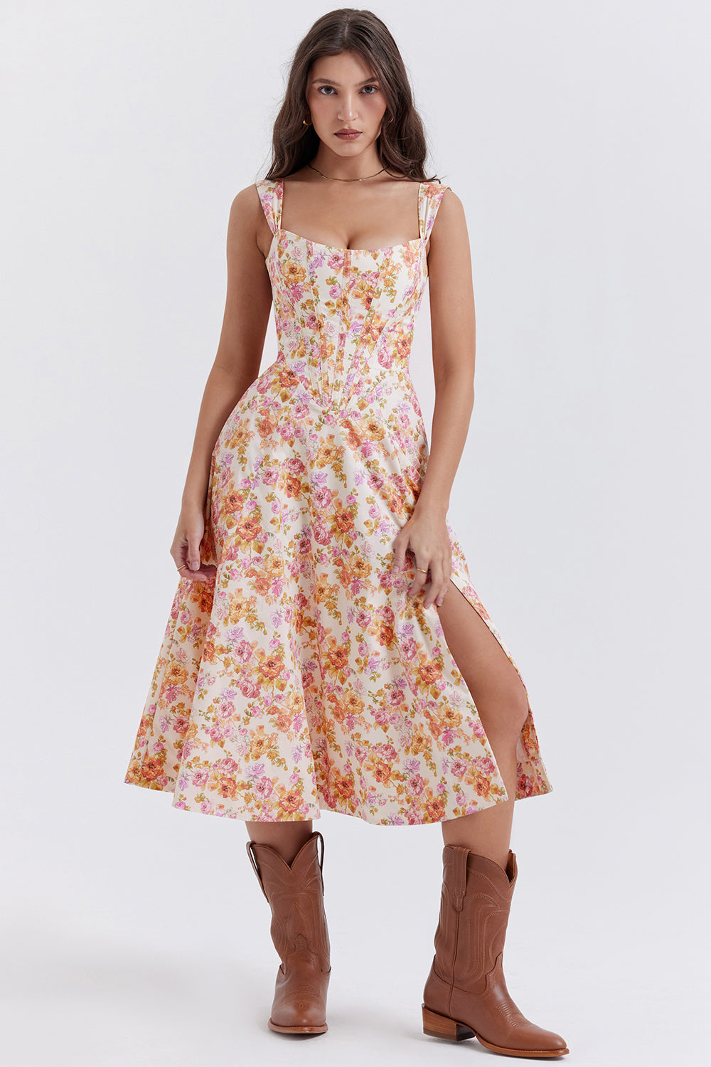 "Women's floral print midi dress, flowy and elegant Bridget sundress in vibrant colors, perfect for casual gatherings."