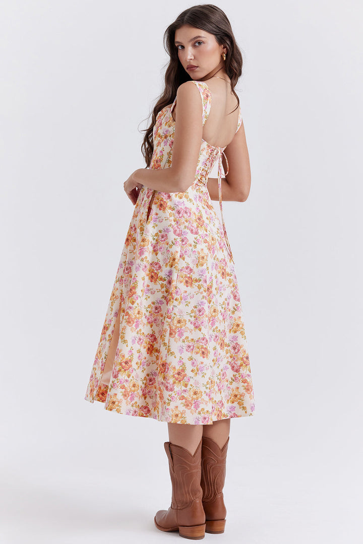 "Women's floral print midi dress, flowy and elegant Bridget sundress in vibrant colors, perfect for casual gatherings."