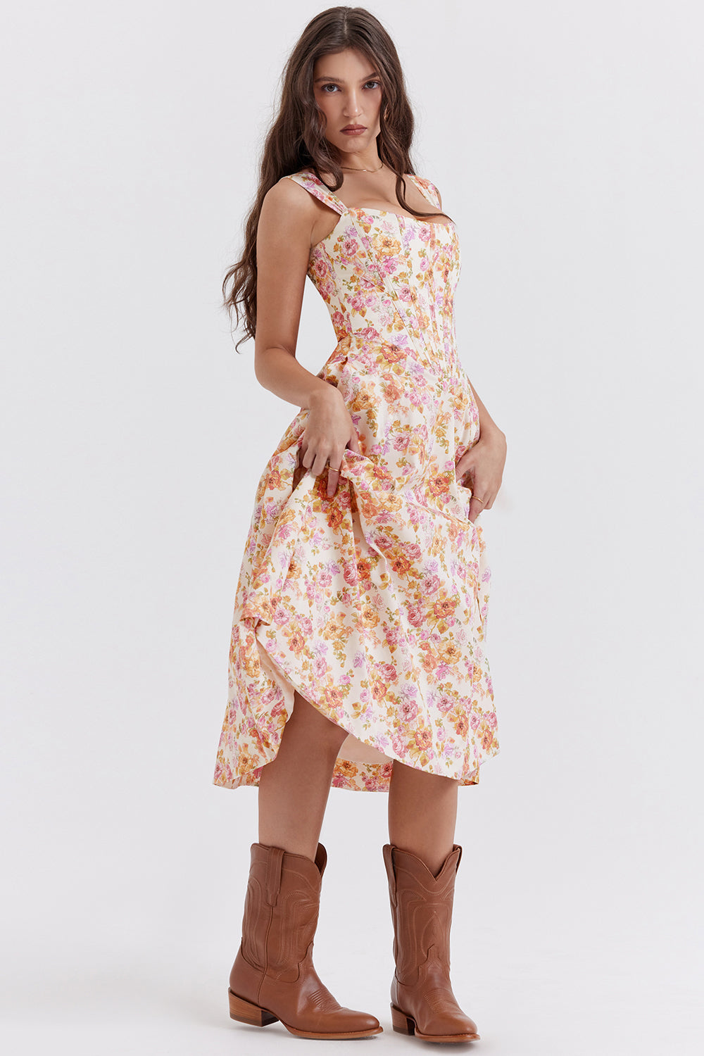 "Women's floral print midi dress, flowy and elegant Bridget sundress in vibrant colors, perfect for casual gatherings."