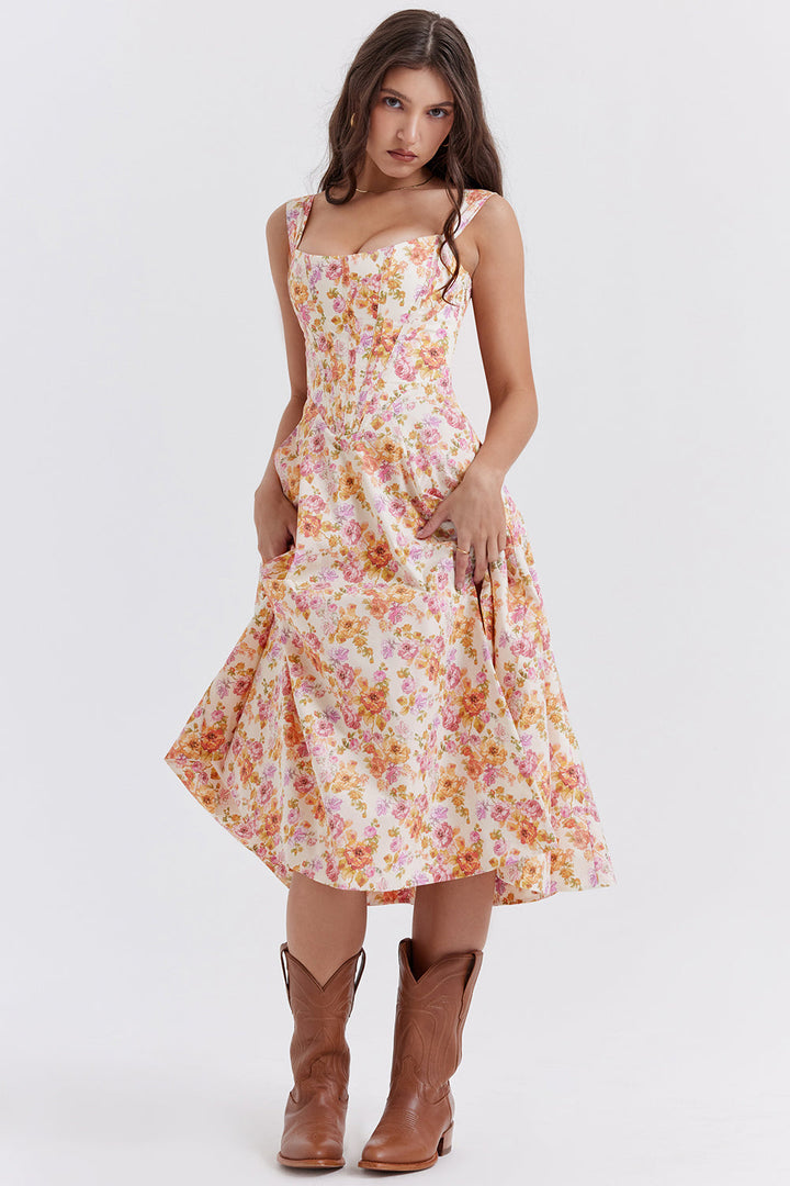 "Women's floral print midi dress, flowy and elegant Bridget sundress in vibrant colors, perfect for casual gatherings."