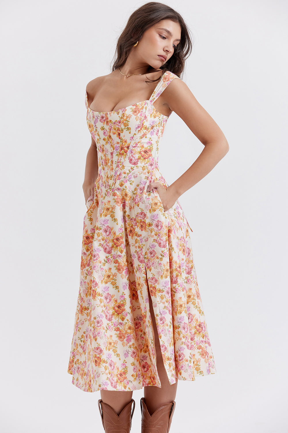 "Women's floral print midi dress, flowy and elegant Bridget sundress in vibrant colors, perfect for casual gatherings."