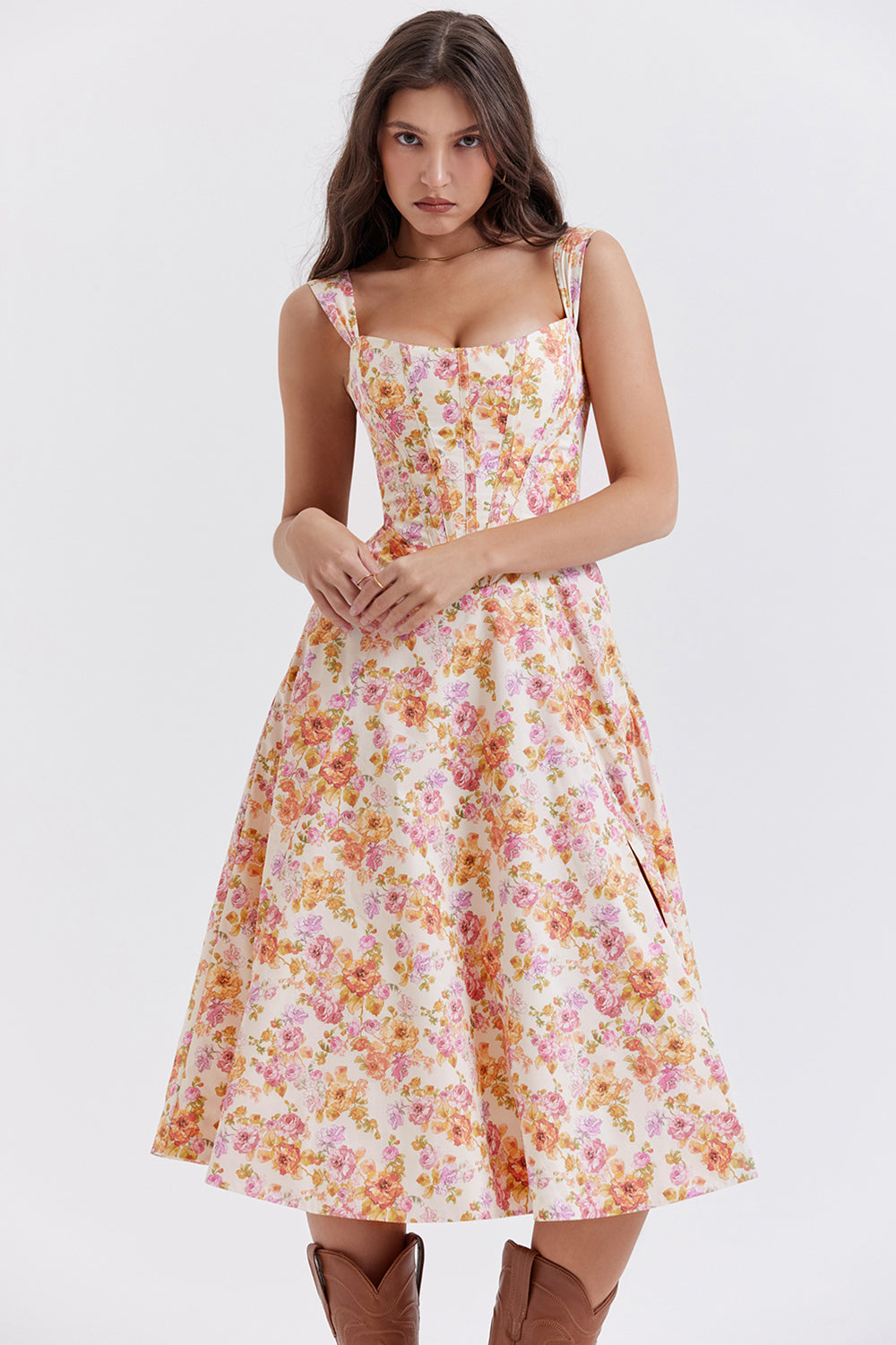 "Women's floral print midi dress, flowy and elegant Bridget sundress in vibrant colors, perfect for casual gatherings."