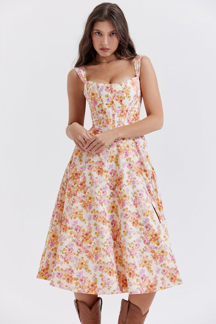 "Women's floral print midi dress, flowy and elegant Bridget sundress in vibrant colors, perfect for casual gatherings."