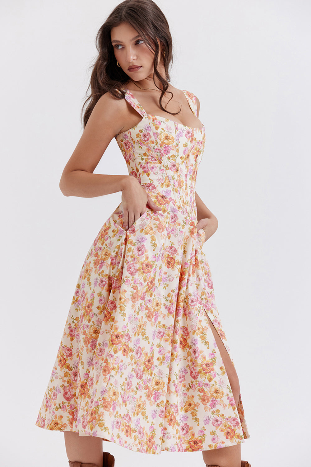 "Women's floral print midi dress, flowy and elegant Bridget sundress in vibrant colors, perfect for casual gatherings."