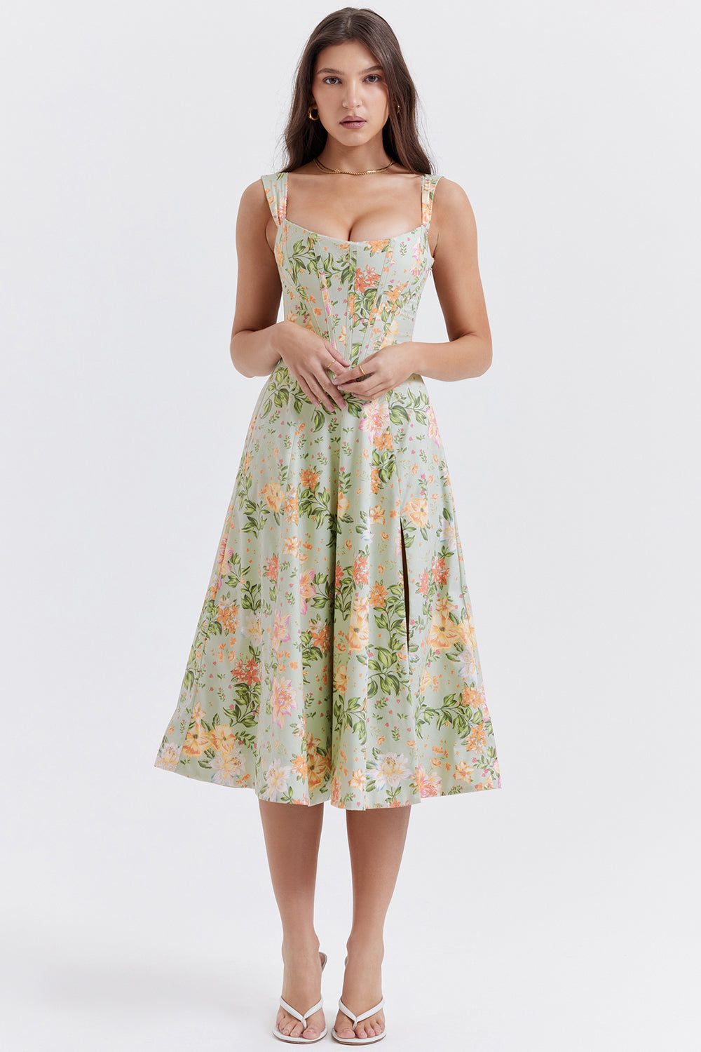 "Women's floral print midi dress, flowy and elegant Bridget sundress in vibrant colors, perfect for casual gatherings."