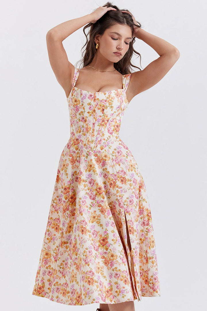 "Women's floral print midi dress, flowy and elegant Bridget sundress in vibrant colors, perfect for casual gatherings."
