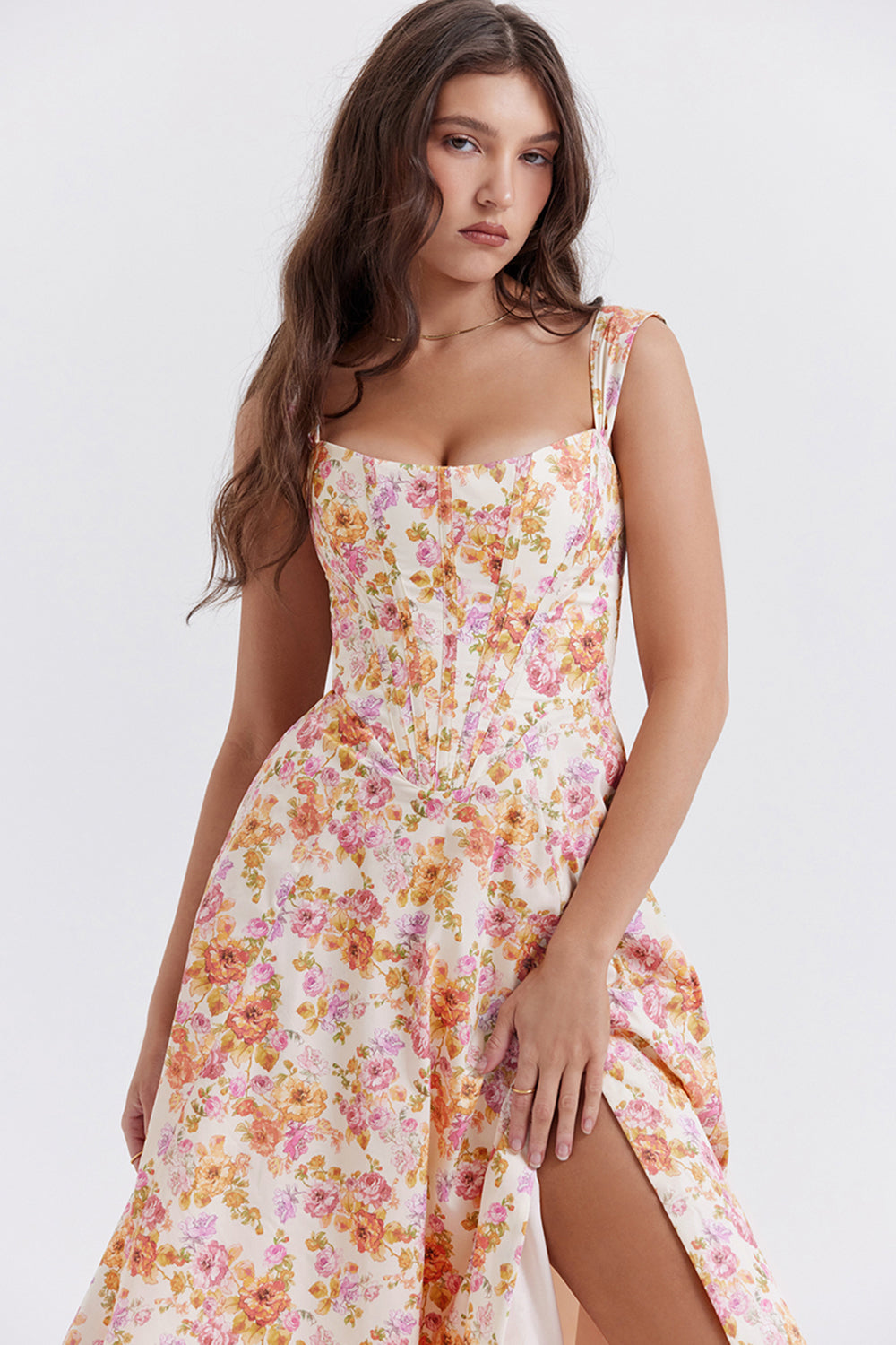 "Women's floral print midi dress, flowy and elegant Bridget sundress in vibrant colors, perfect for casual gatherings."