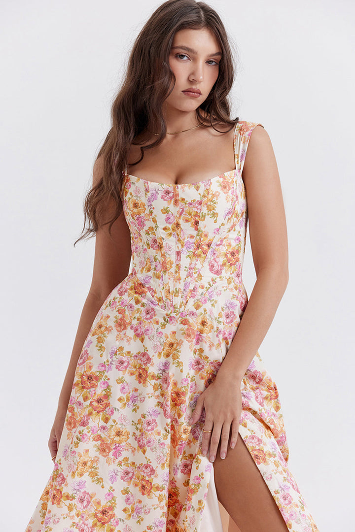 "Women's floral print midi dress, flowy and elegant Bridget sundress in vibrant colors, perfect for casual gatherings."