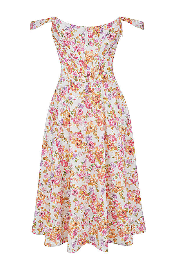 "Women's floral print midi dress, flowy and elegant Bridget sundress in vibrant colors, perfect for casual gatherings."