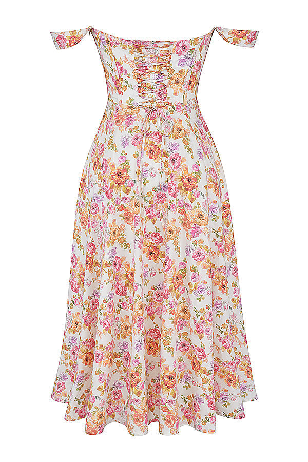 "Women's floral print midi dress, flowy and elegant Bridget sundress in vibrant colors, perfect for casual gatherings."