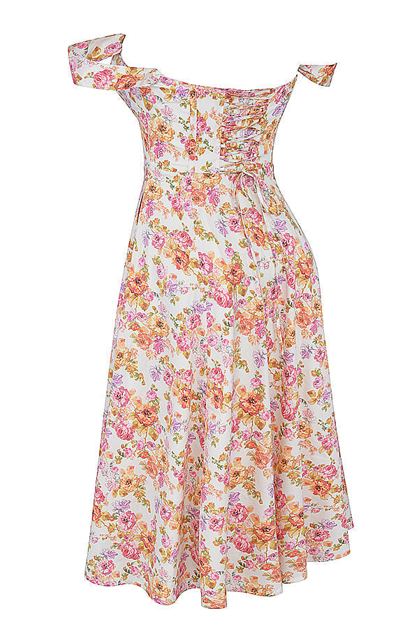 "Women's floral print midi dress, flowy and elegant Bridget sundress in vibrant colors, perfect for casual gatherings."