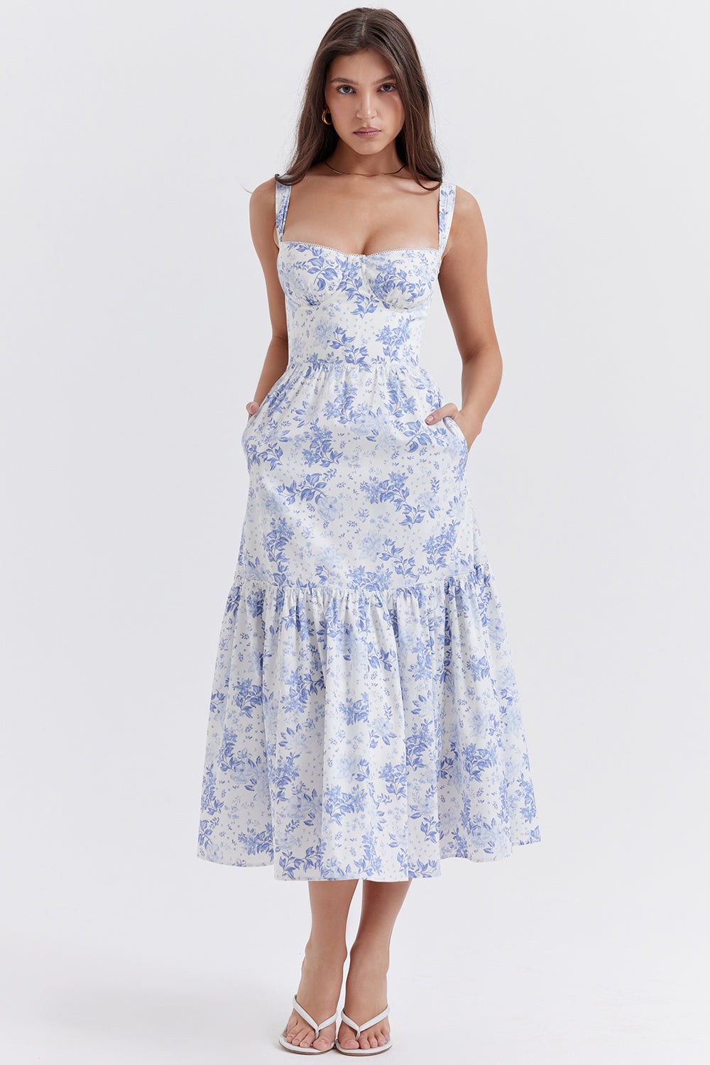 "Women's floral print midi dress, flowy and elegant Bridget sundress in vibrant colors, perfect for casual gatherings."