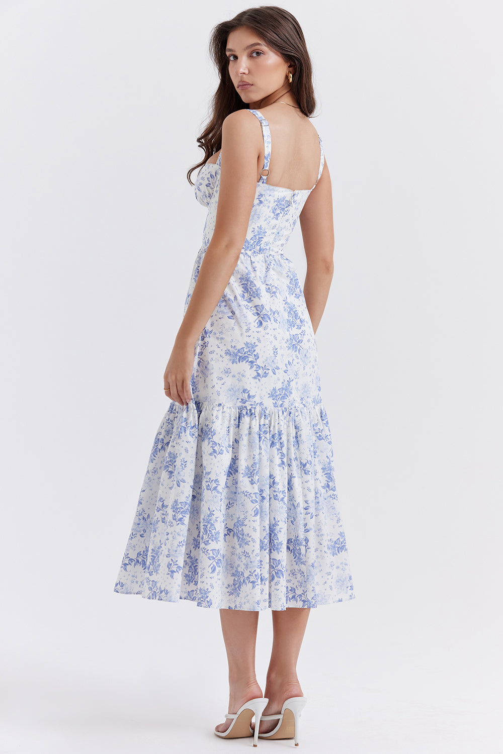 "Women's floral print midi dress, flowy and elegant Bridget sundress in vibrant colors, perfect for casual gatherings."