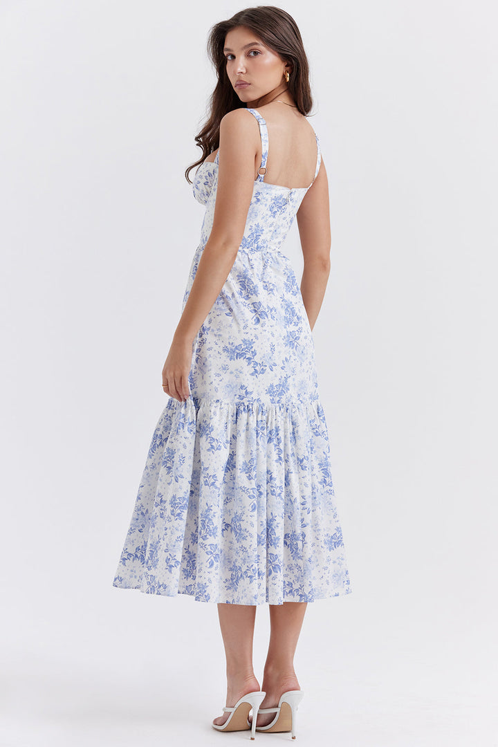 "Women's floral print midi dress, flowy and elegant Bridget sundress in vibrant colors, perfect for casual gatherings."
