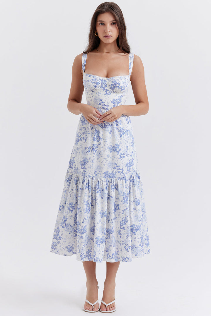 "Women's floral print midi dress, flowy and elegant Bridget sundress in vibrant colors, perfect for casual gatherings."