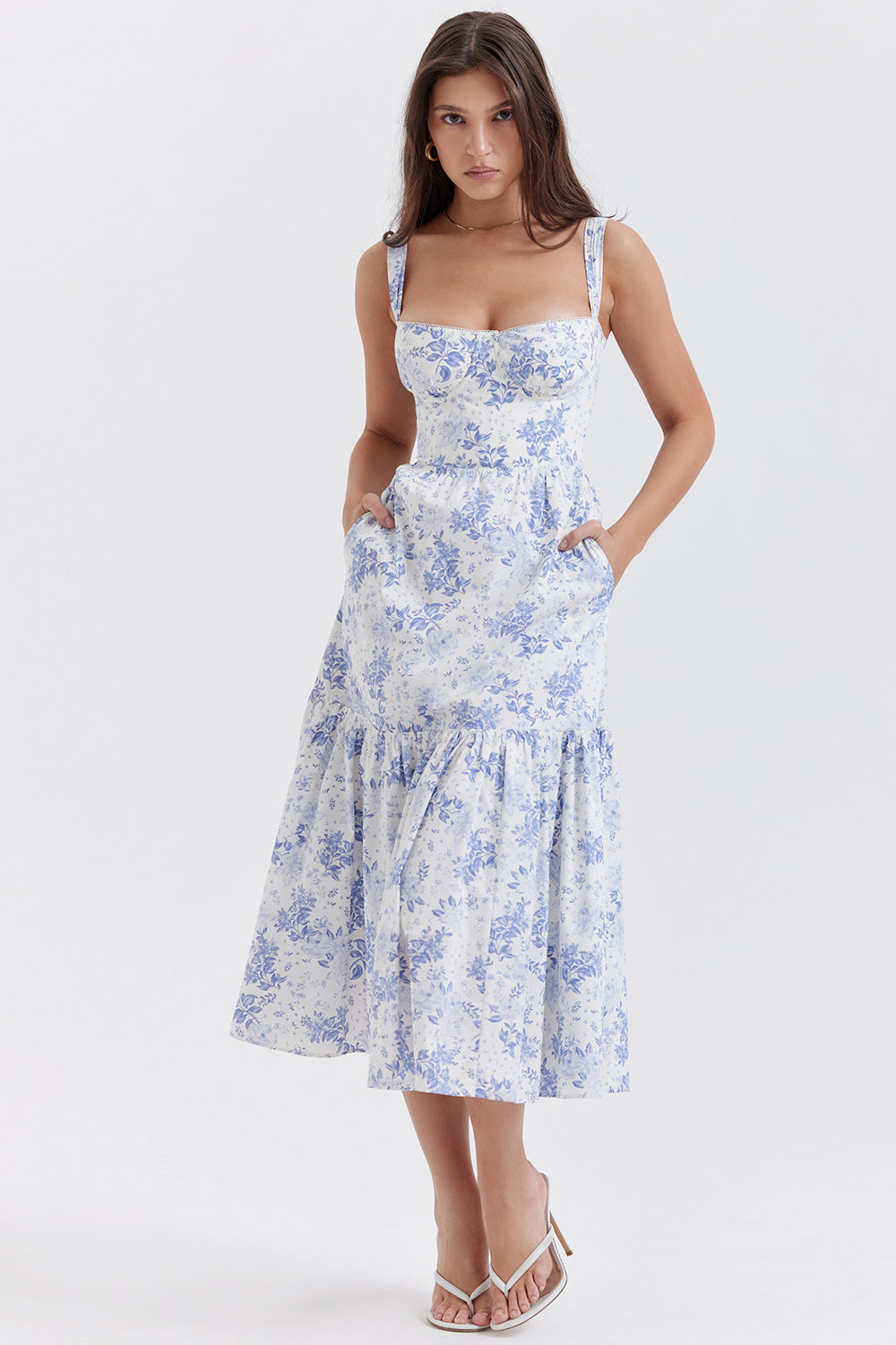 "Women's floral print midi dress, flowy and elegant Bridget sundress in vibrant colors, perfect for casual gatherings."