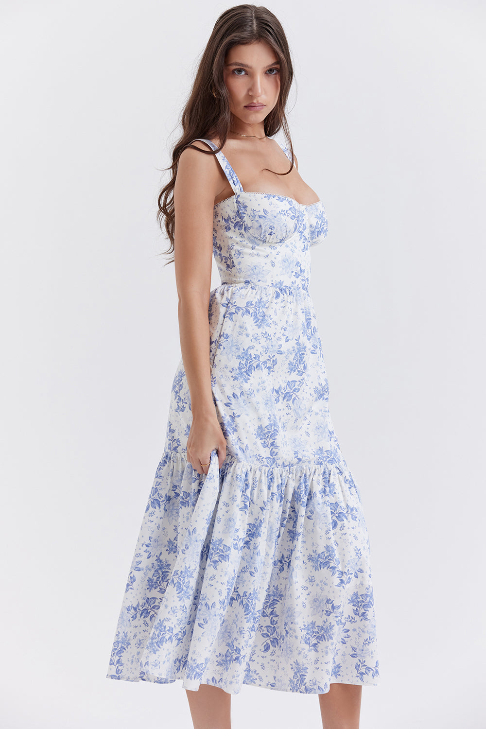 "Women's floral print midi dress, flowy and elegant Bridget sundress in vibrant colors, perfect for casual gatherings."
