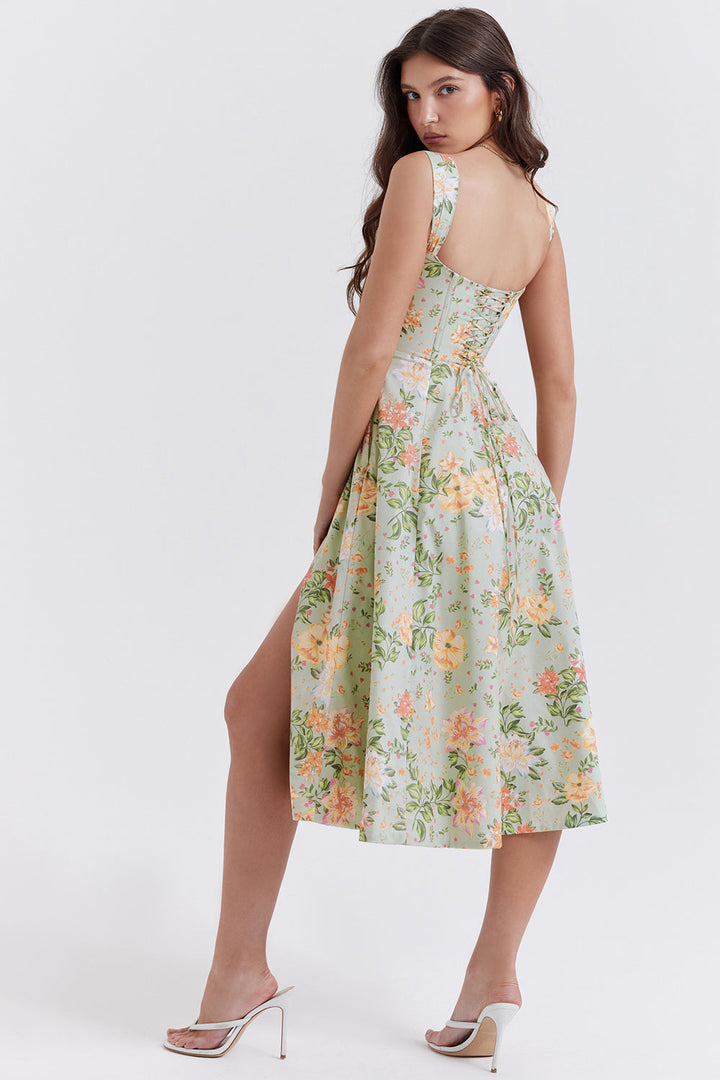 "Women's floral print midi dress, flowy and elegant Bridget sundress in vibrant colors, perfect for casual gatherings."