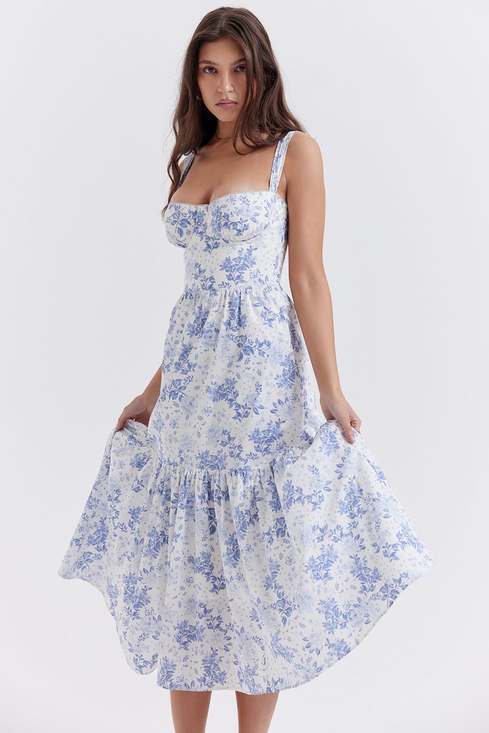 "Women's floral print midi dress, flowy and elegant Bridget sundress in vibrant colors, perfect for casual gatherings."