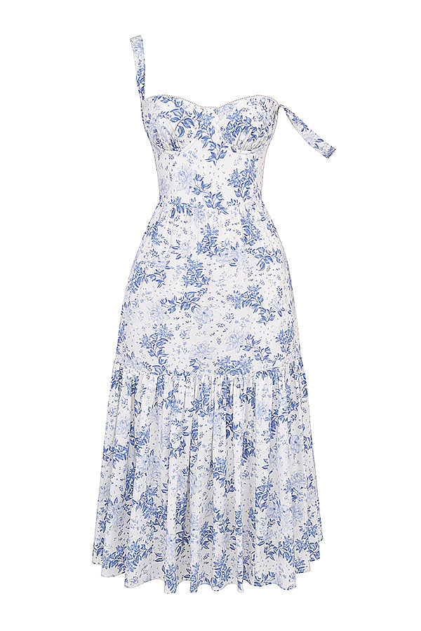 "Women's floral print midi dress, flowy and elegant Bridget sundress in vibrant colors, perfect for casual gatherings."