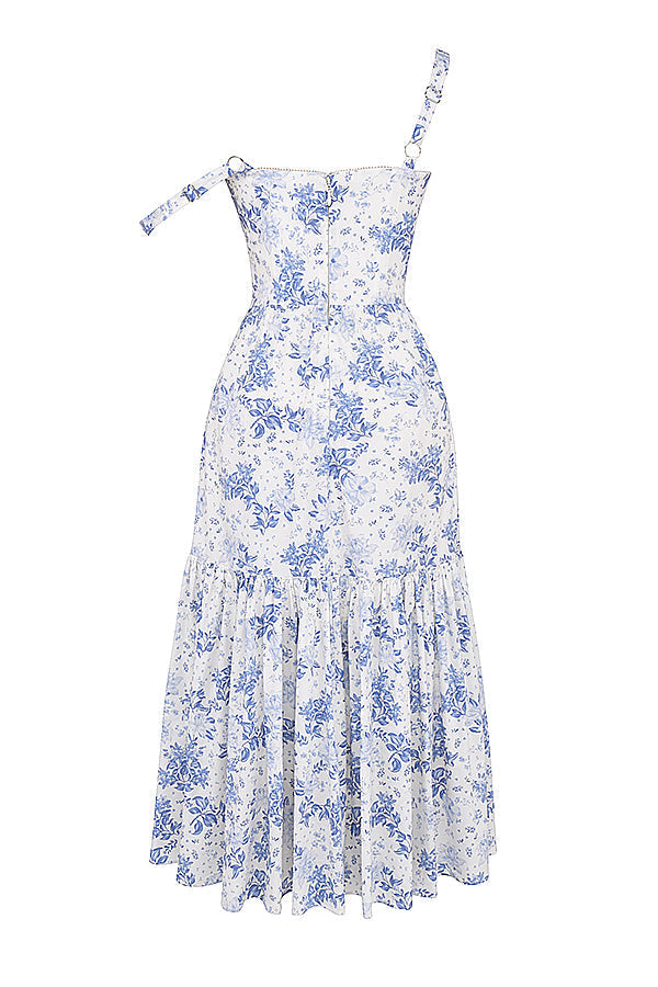 "Women's floral print midi dress, flowy and elegant Bridget sundress in vibrant colors, perfect for casual gatherings."