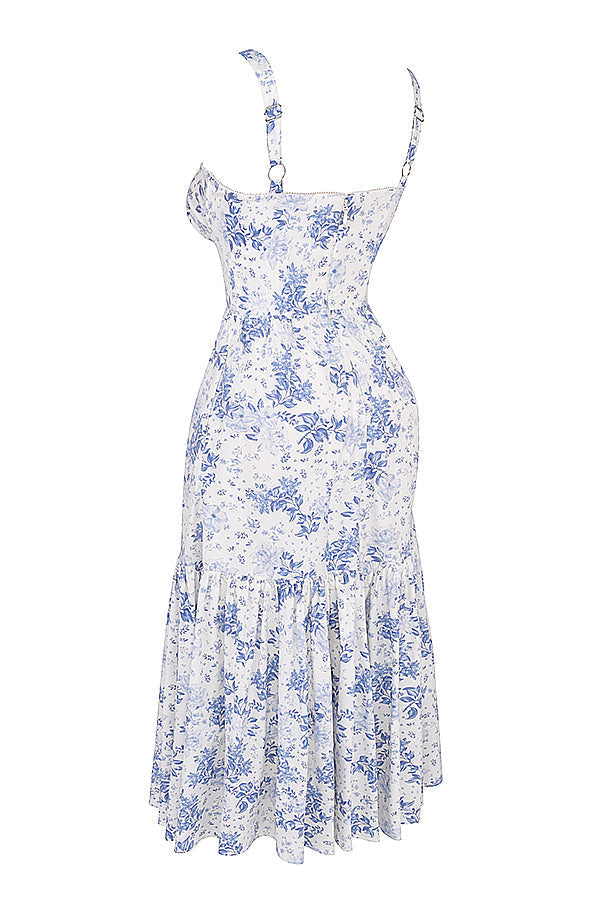 "Women's floral print midi dress, flowy and elegant Bridget sundress in vibrant colors, perfect for casual gatherings."