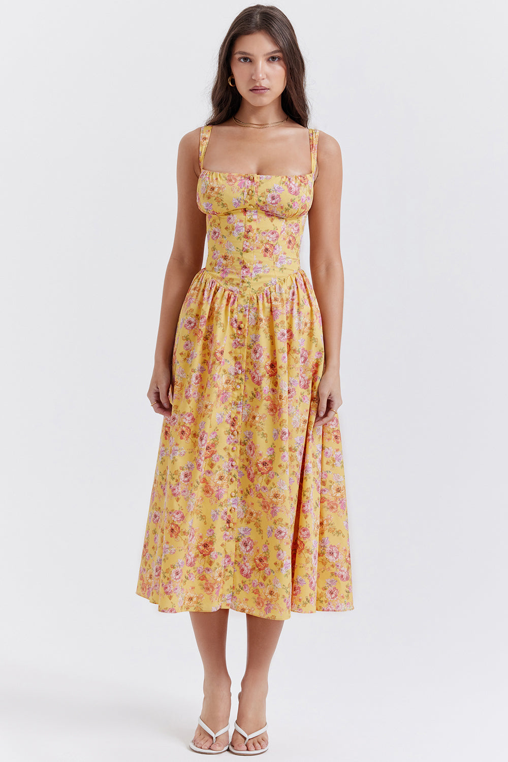"Women's floral print midi dress, flowy and elegant Bridget sundress in vibrant colors, perfect for casual gatherings."