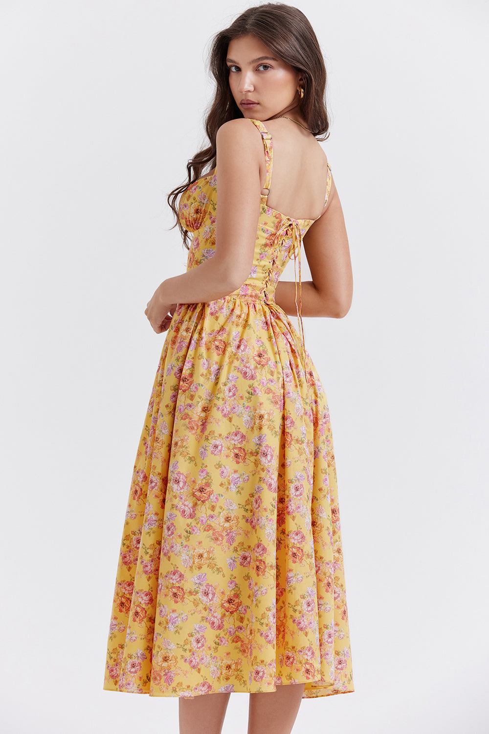 "Women's floral print midi dress, flowy and elegant Bridget sundress in vibrant colors, perfect for casual gatherings."