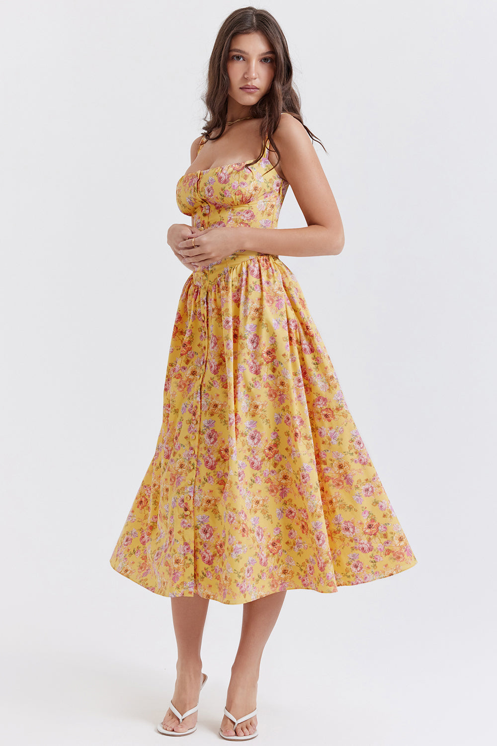 "Women's floral print midi dress, flowy and elegant Bridget sundress in vibrant colors, perfect for casual gatherings."