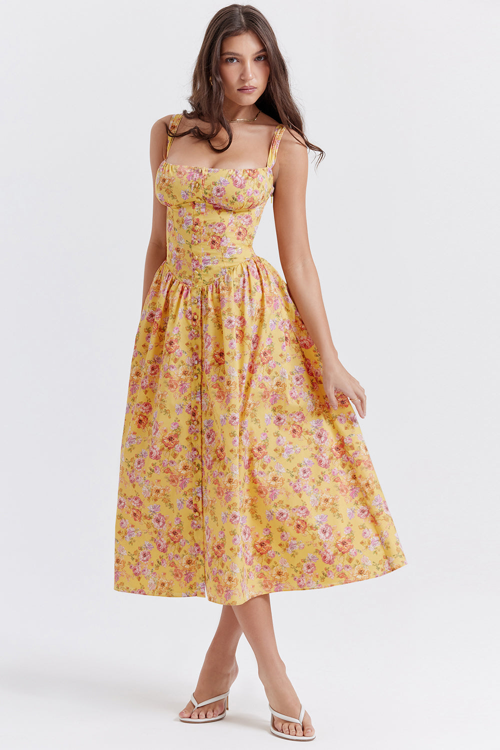 "Women's floral print midi dress, flowy and elegant Bridget sundress in vibrant colors, perfect for casual gatherings."