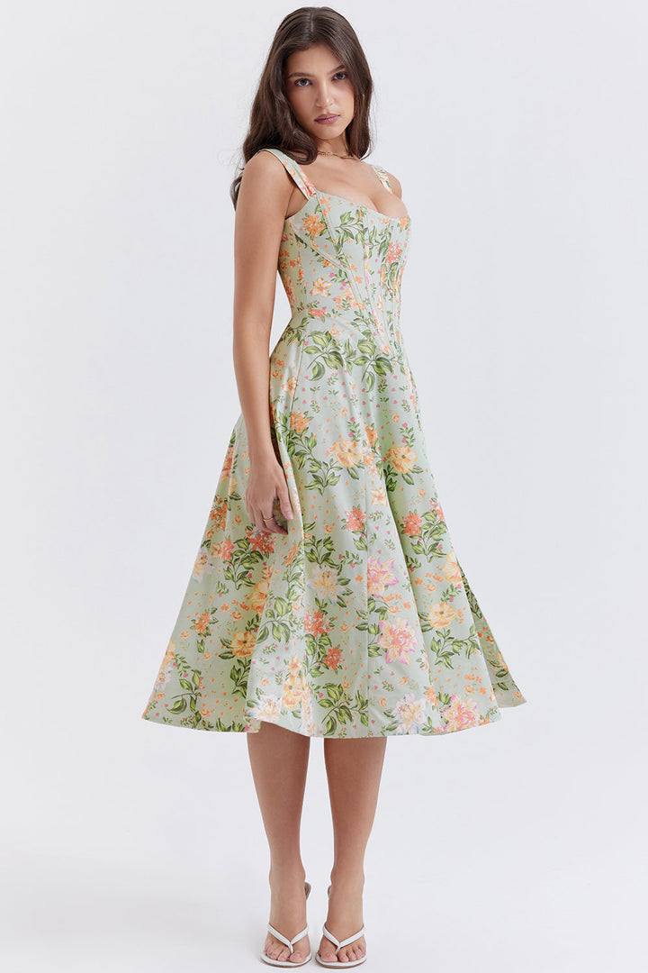 "Women's floral print midi dress, flowy and elegant Bridget sundress in vibrant colors, perfect for casual gatherings."