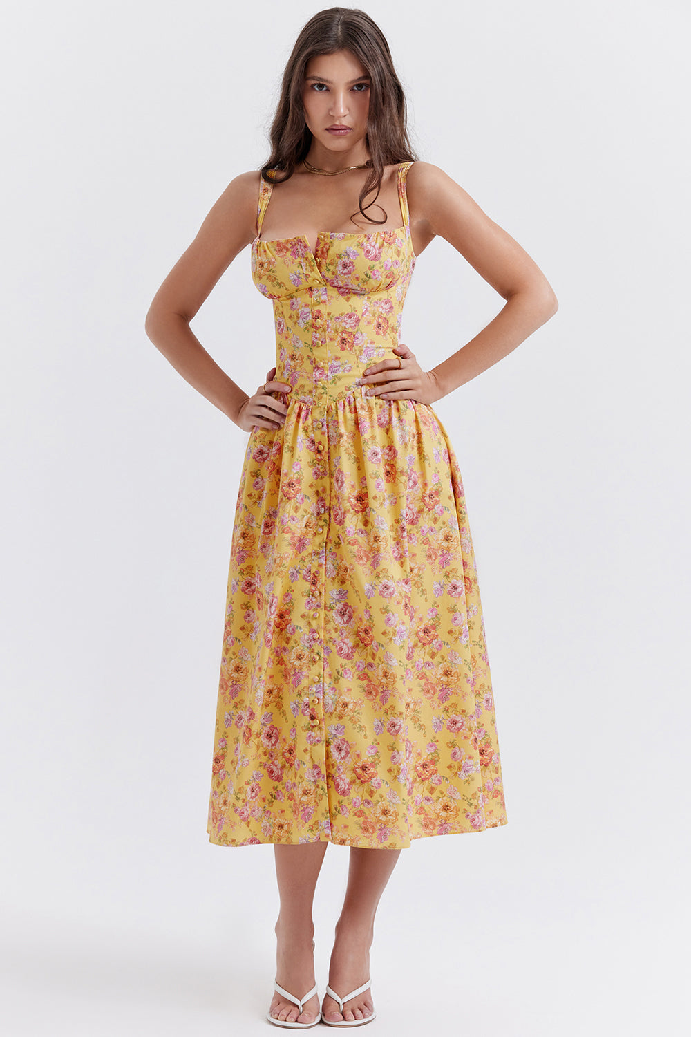 "Women's floral print midi dress, flowy and elegant Bridget sundress in vibrant colors, perfect for casual gatherings."