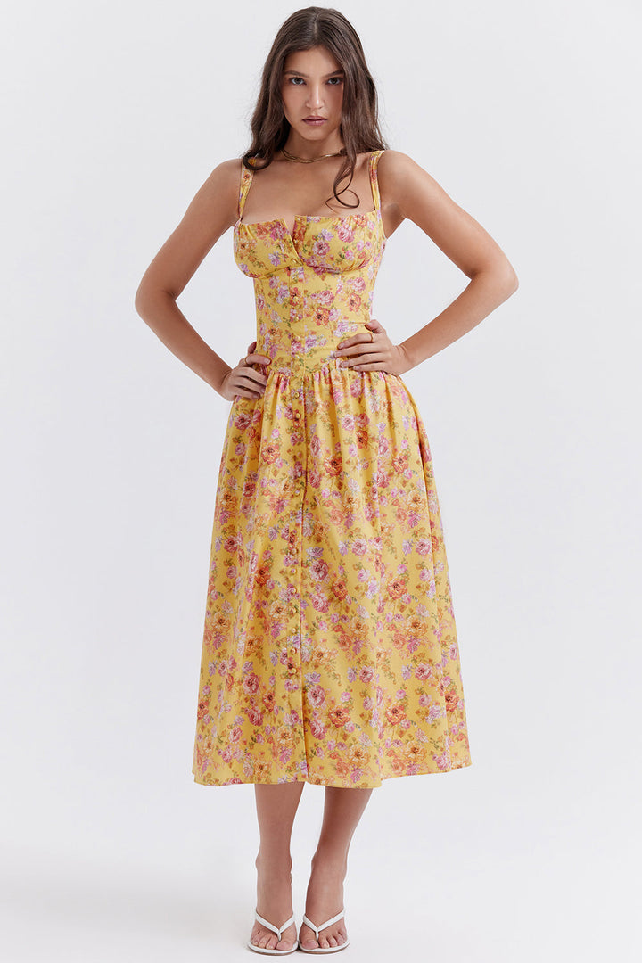 "Women's floral print midi dress, flowy and elegant Bridget sundress in vibrant colors, perfect for casual gatherings."