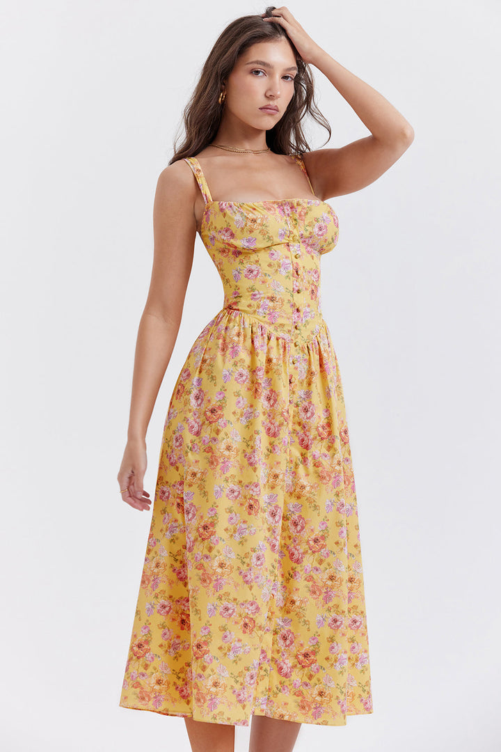 "Women's floral print midi dress, flowy and elegant Bridget sundress in vibrant colors, perfect for casual gatherings."