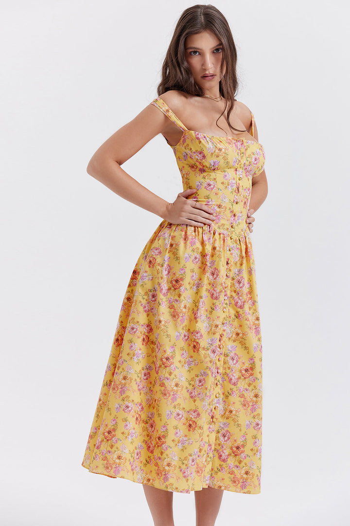 "Women's floral print midi dress, flowy and elegant Bridget sundress in vibrant colors, perfect for casual gatherings."