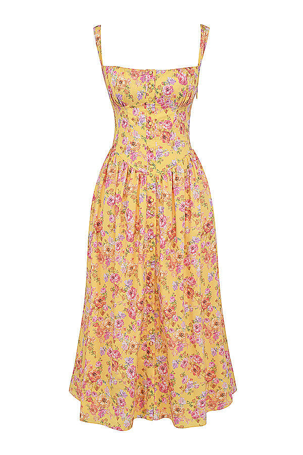 "Women's floral print midi dress, flowy and elegant Bridget sundress in vibrant colors, perfect for casual gatherings."