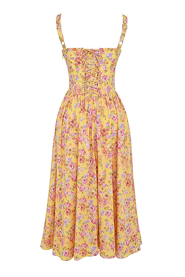 "Women's floral print midi dress, flowy and elegant Bridget sundress in vibrant colors, perfect for casual gatherings."