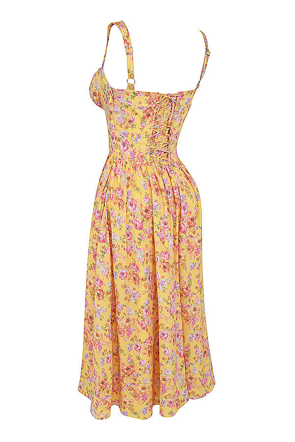 "Women's floral print midi dress, flowy and elegant Bridget sundress in vibrant colors, perfect for casual gatherings."