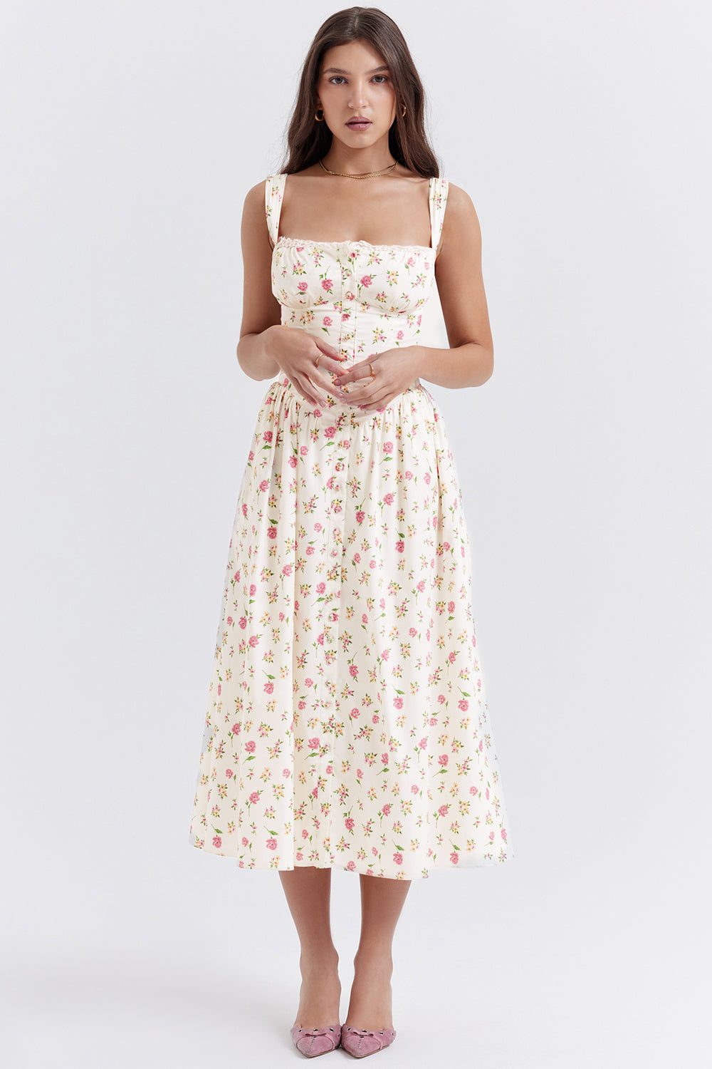 "Women's floral print midi dress, flowy and elegant Bridget sundress in vibrant colors, perfect for casual gatherings."