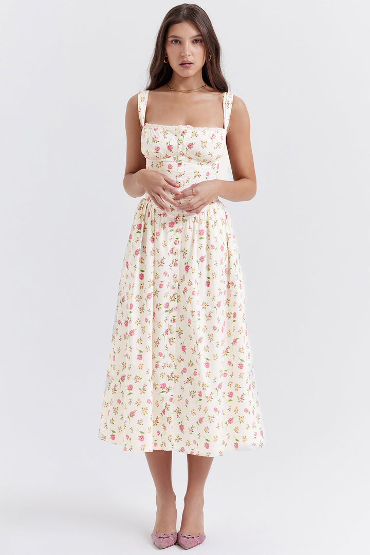 "Women's floral print midi dress, flowy and elegant Bridget sundress in vibrant colors, perfect for casual gatherings."